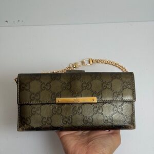 Gucci Guccissima Continental Monogram Wallet in Antique Gold or Metallic Olive